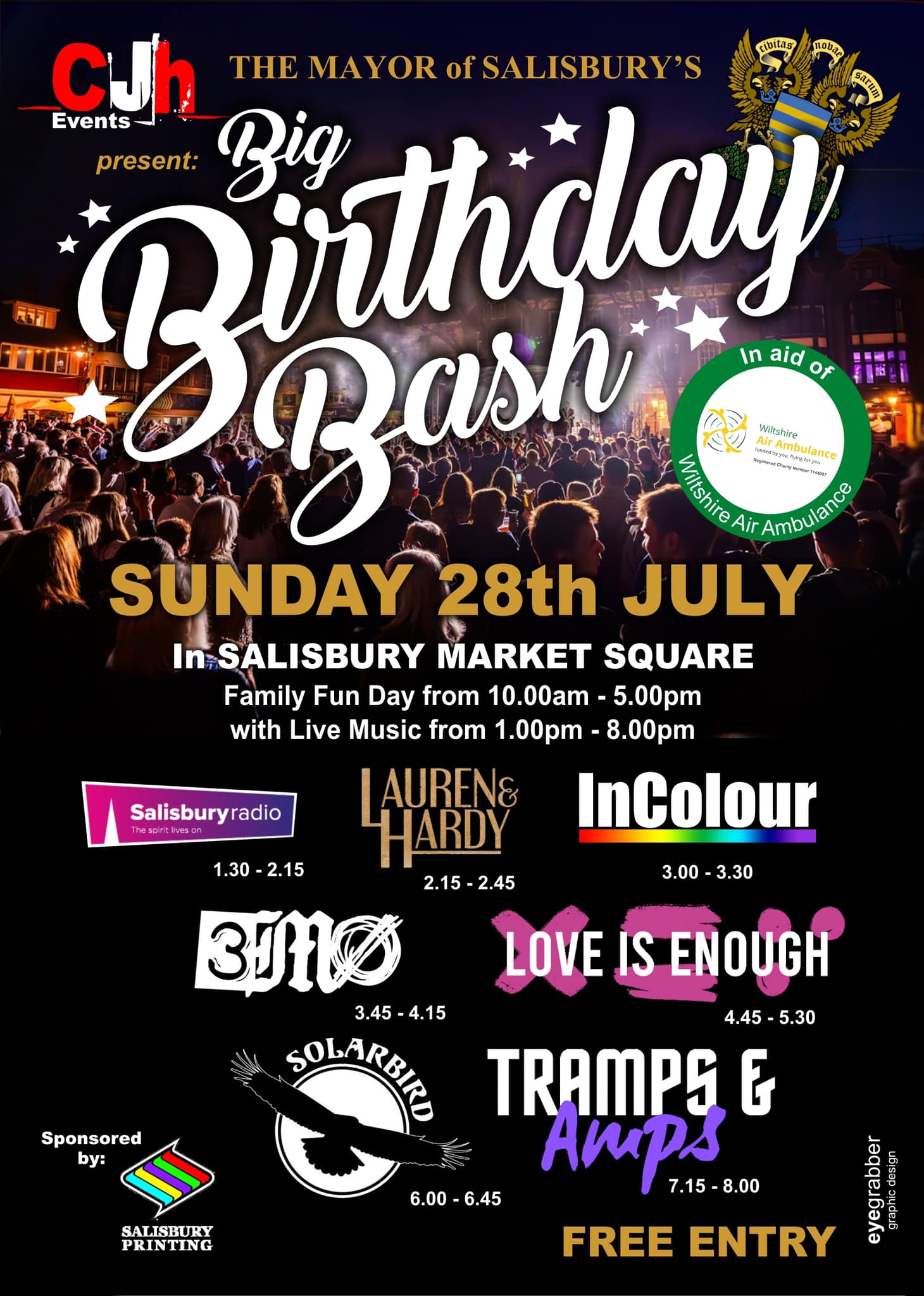 The Mayor of Salisbury's Big Birthday Bash: Lauren & Hardy + InColour + 3MO + Love Is Enough + Solarbird + Tramps & Amps